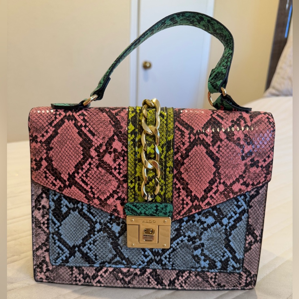Aldo Pink and Green Snake Print Satchel